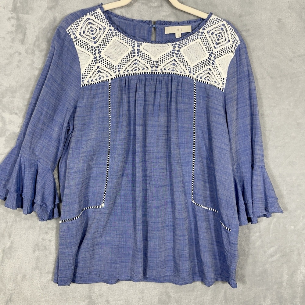LOFT Crochet Lace Top Blouse L Blue Chambray 3/4 Bell Sleeve Boho Peasant